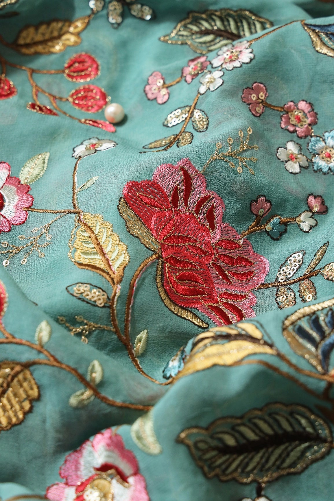 Multi Color Thread With Sequins Floral Heavy Embroidery On Teal Viscose Georgette Fabric - doeraa
