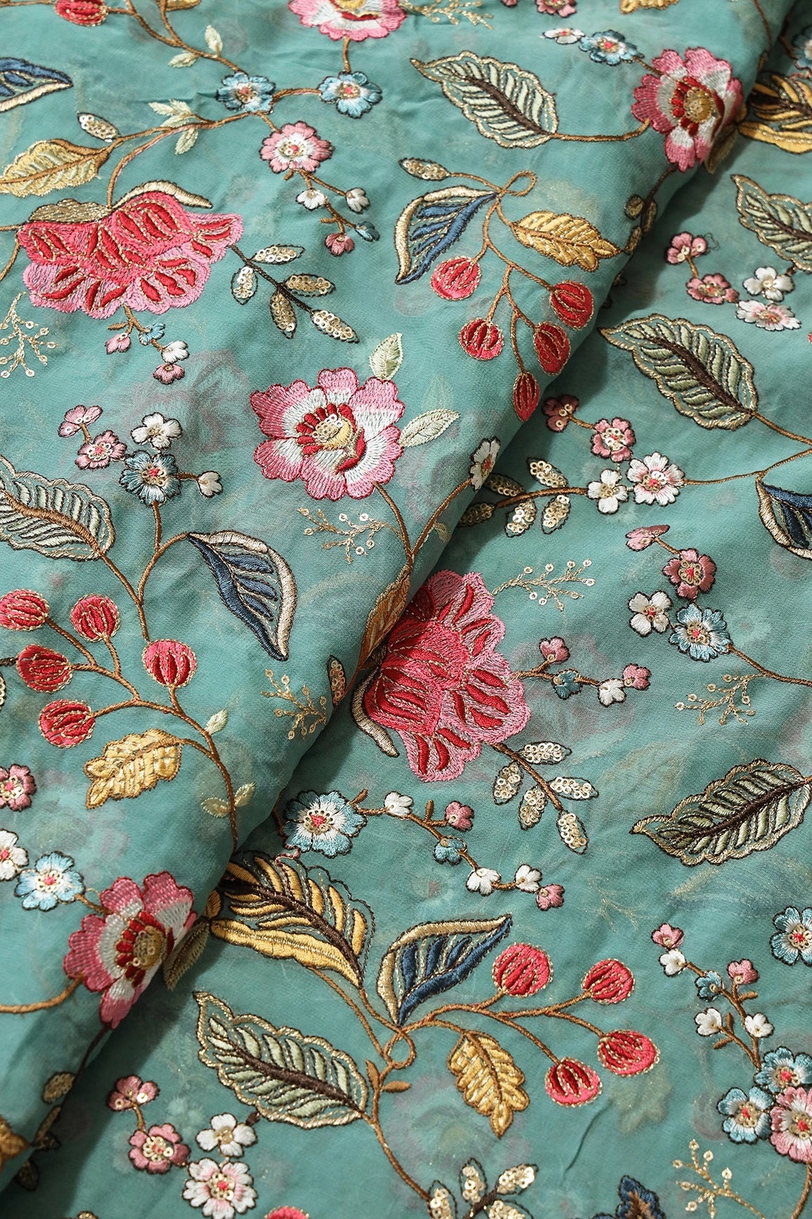 Multi Color Thread With Sequins Floral Heavy Embroidery On Teal Viscose Georgette Fabric - doeraa