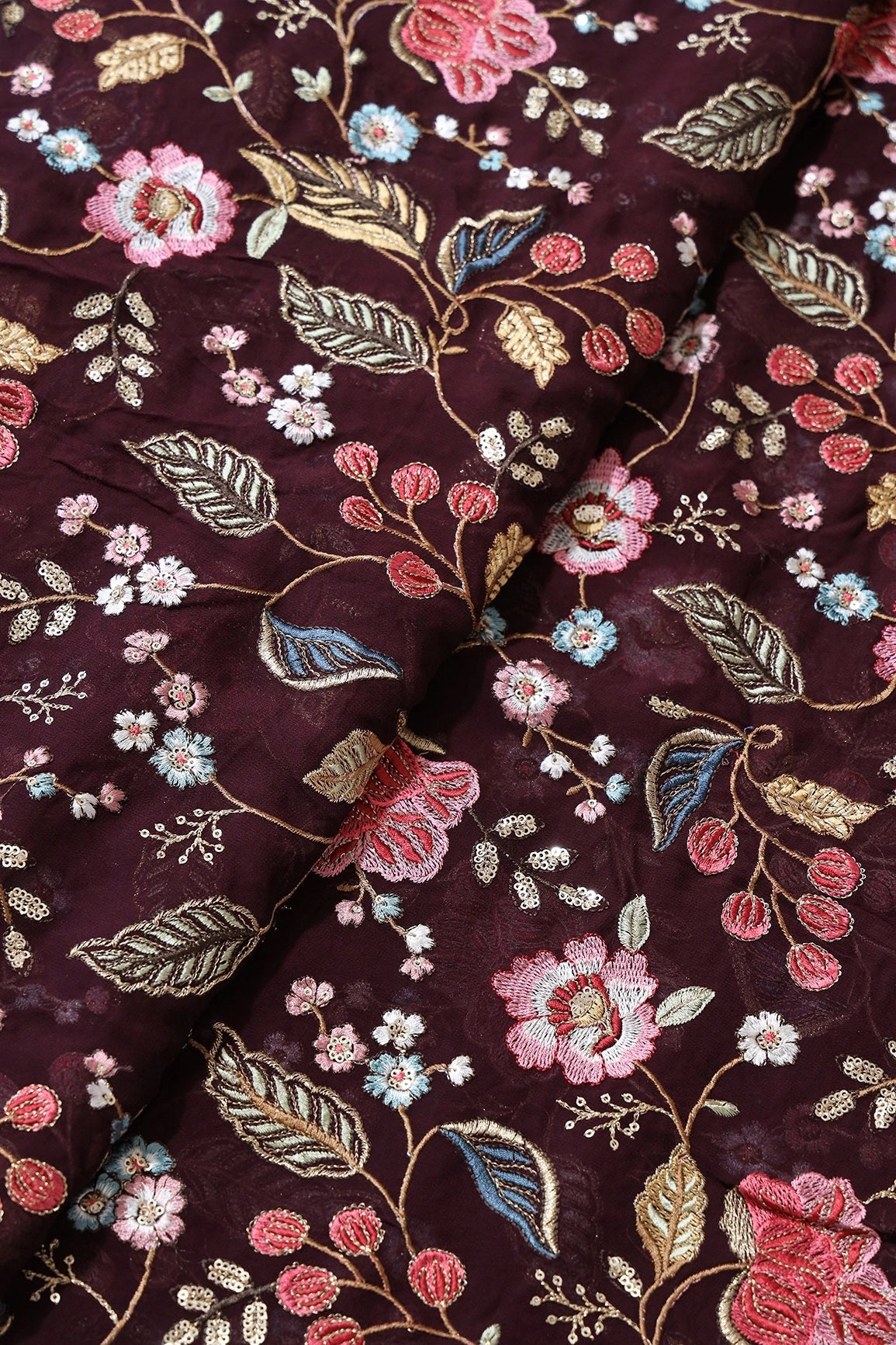 Multi Color Thread With Sequins Floral Heavy Embroidery On Wine Viscose Georgette Fabric - doeraa