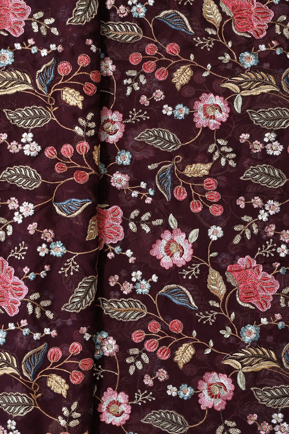 Multi Color Thread With Sequins Floral Heavy Embroidery On Wine Viscose Georgette Fabric - doeraa