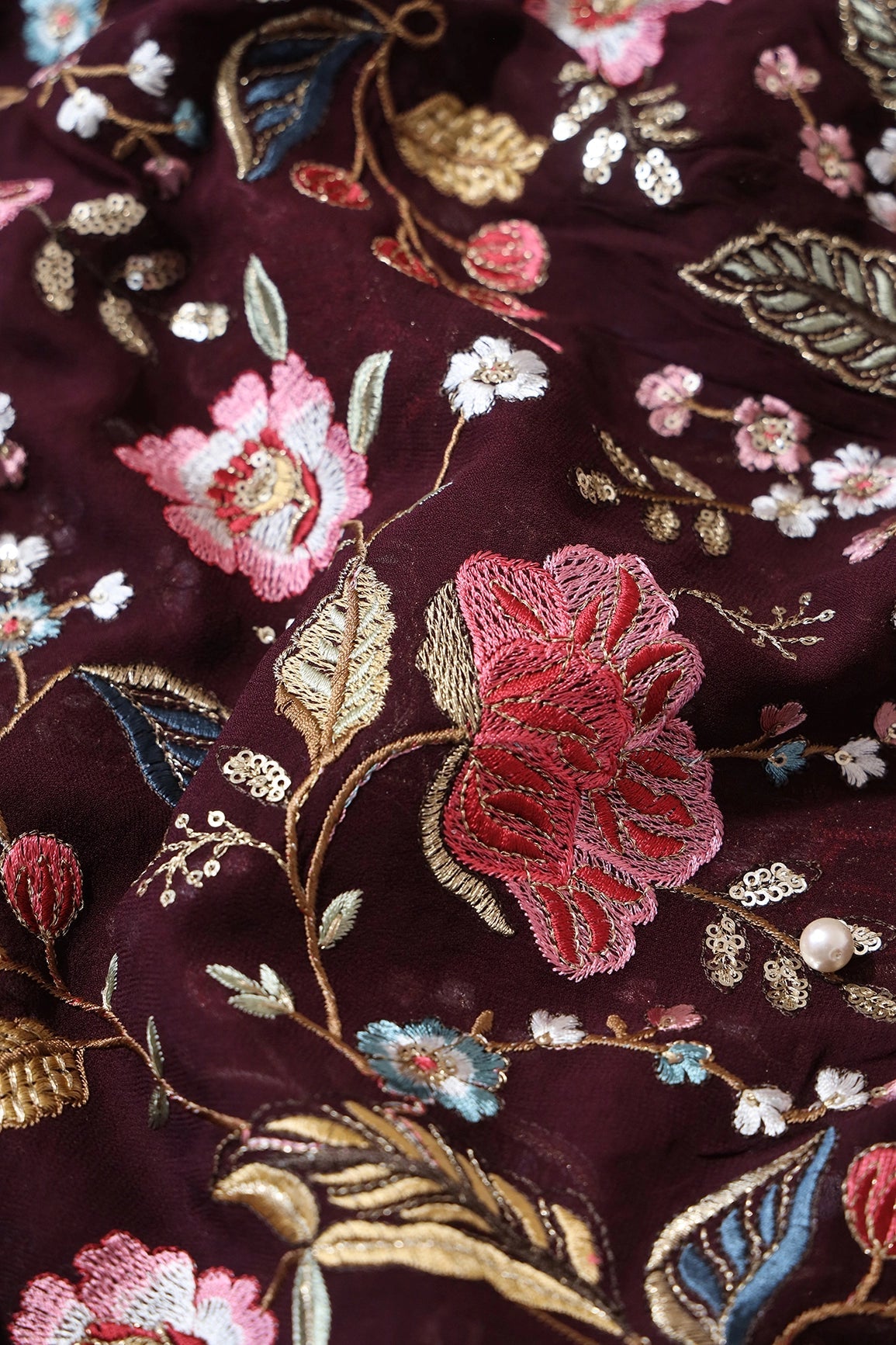 Multi Color Thread With Sequins Floral Heavy Embroidery On Wine Viscose Georgette Fabric - doeraa