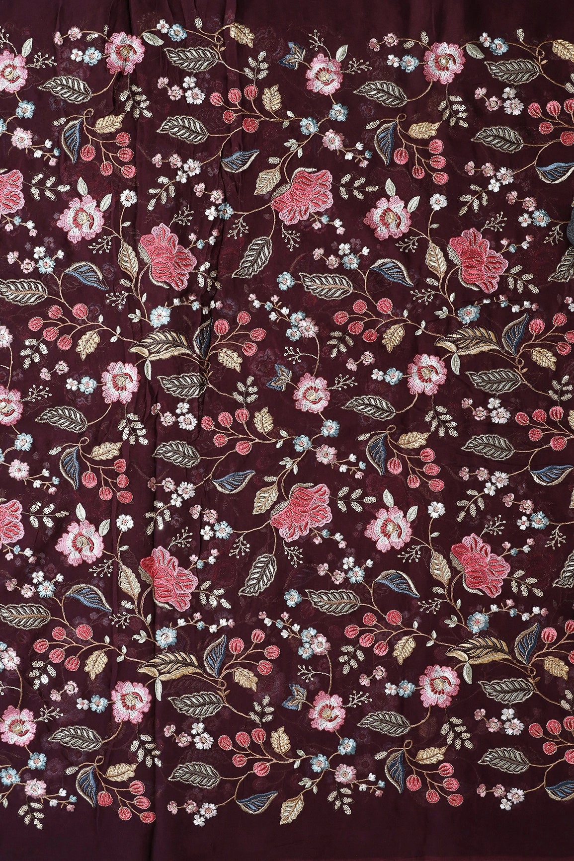 Multi Color Thread With Sequins Floral Heavy Embroidery On Wine Viscose Georgette Fabric - doeraa