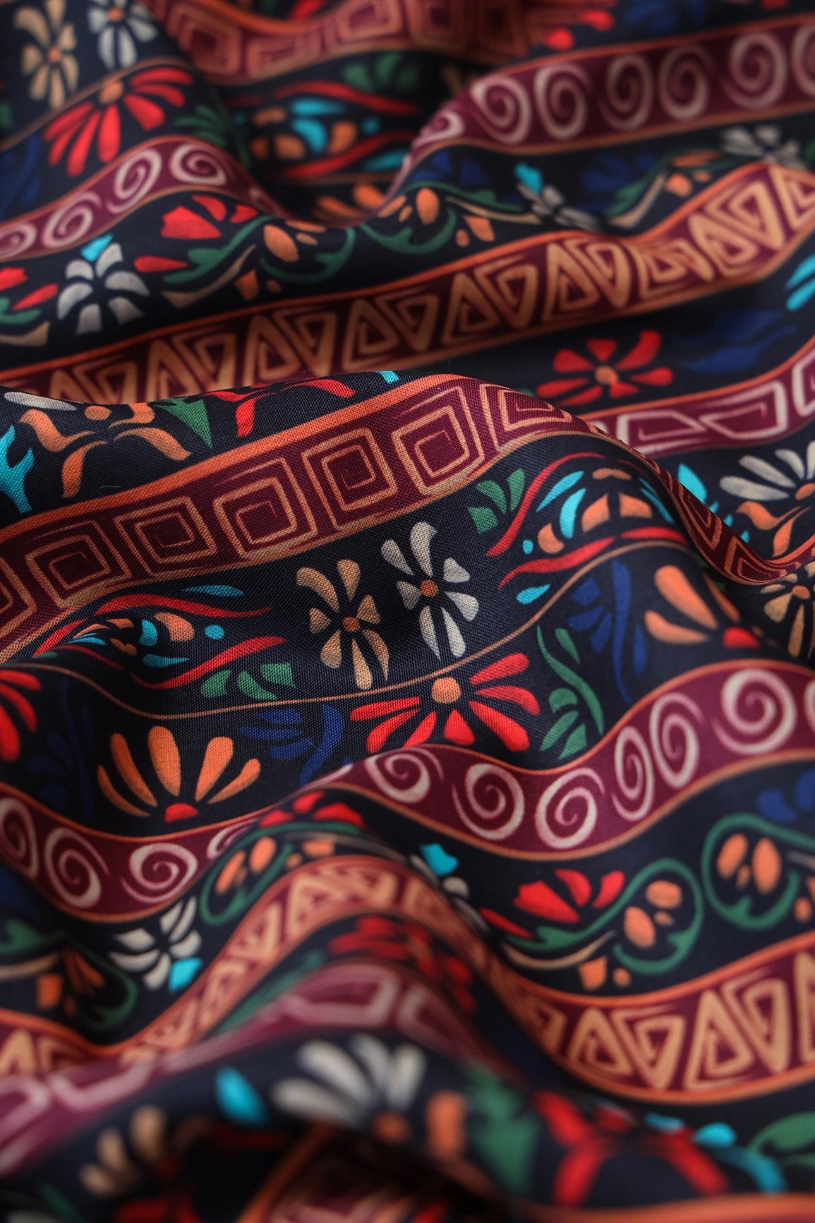 Multi Color Traditional Pattern Digital Print On Mix Polyester Fabric - doeraa