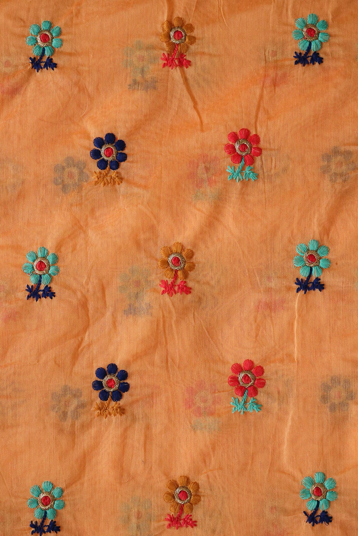 Multi Colour Flower Motif Zari Embroidery On Peach Chanderi Fabric - doeraa