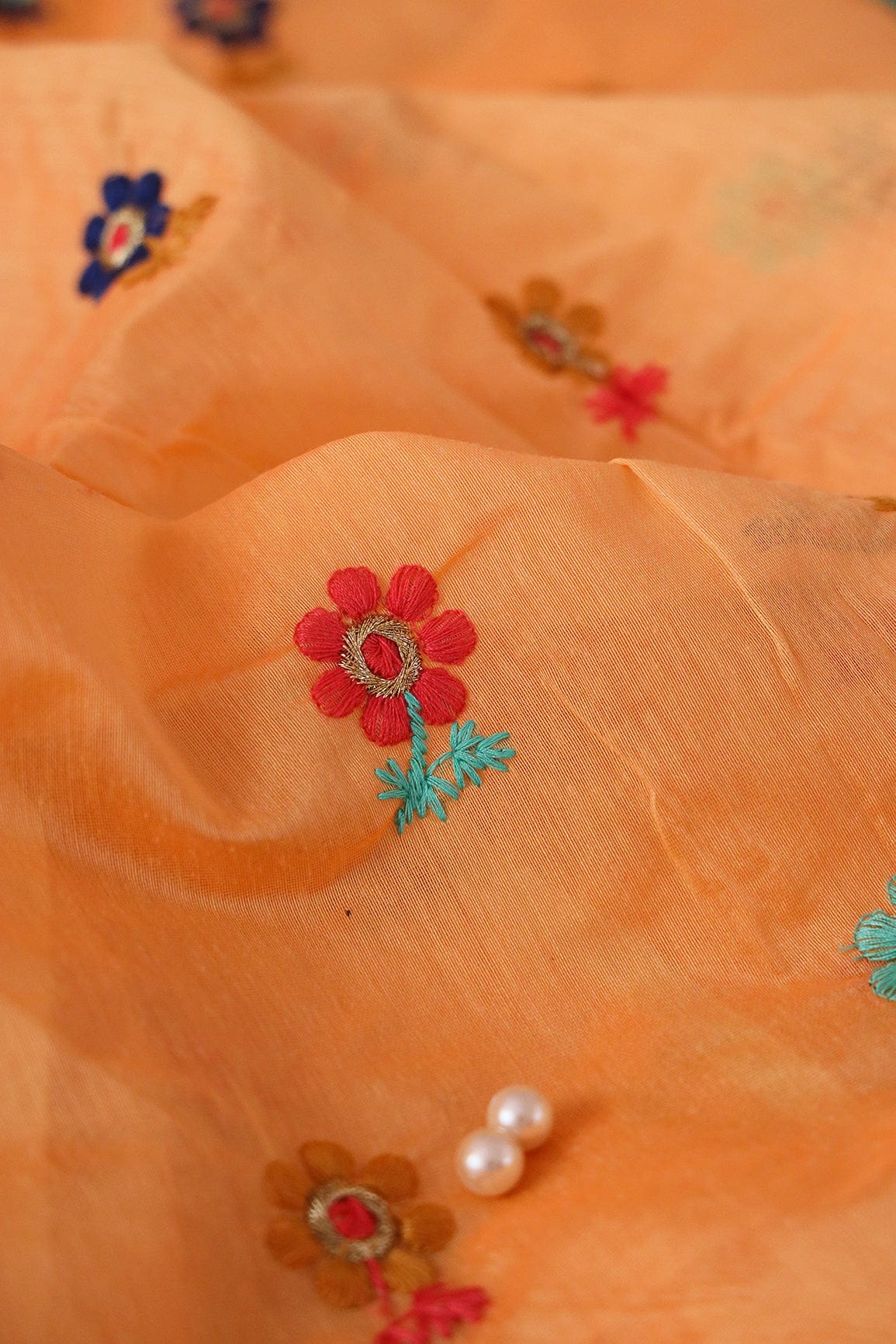 Multi Colour Flower Motif Zari Embroidery On Peach Chanderi Fabric - doeraa