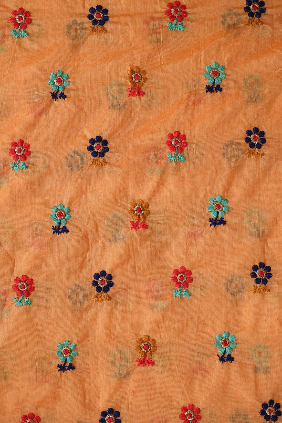 Multi Colour Flower Motif Zari Embroidery On Peach Chanderi Fabric - doeraa