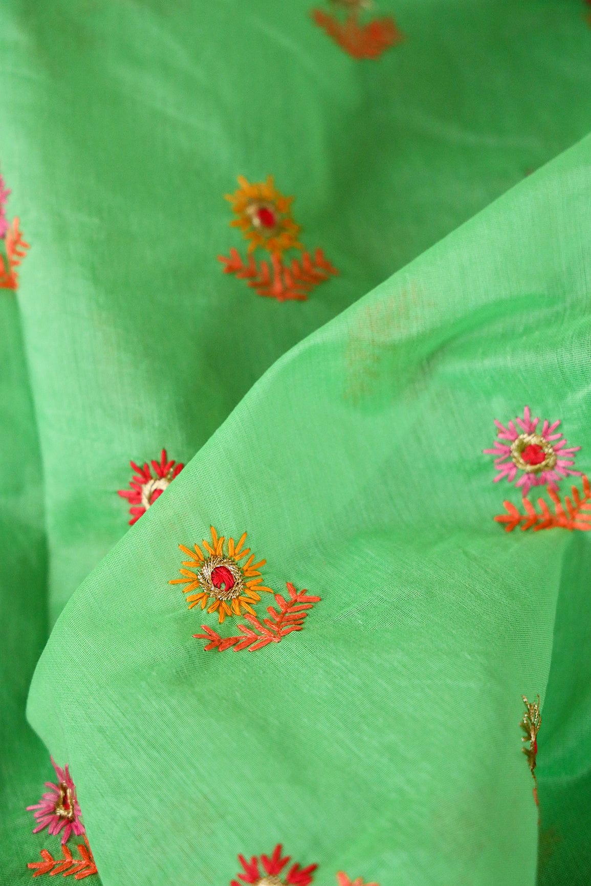 Multi Colour Sun Flower Zari Embroidery on Green Chanderi Fabric - doeraa