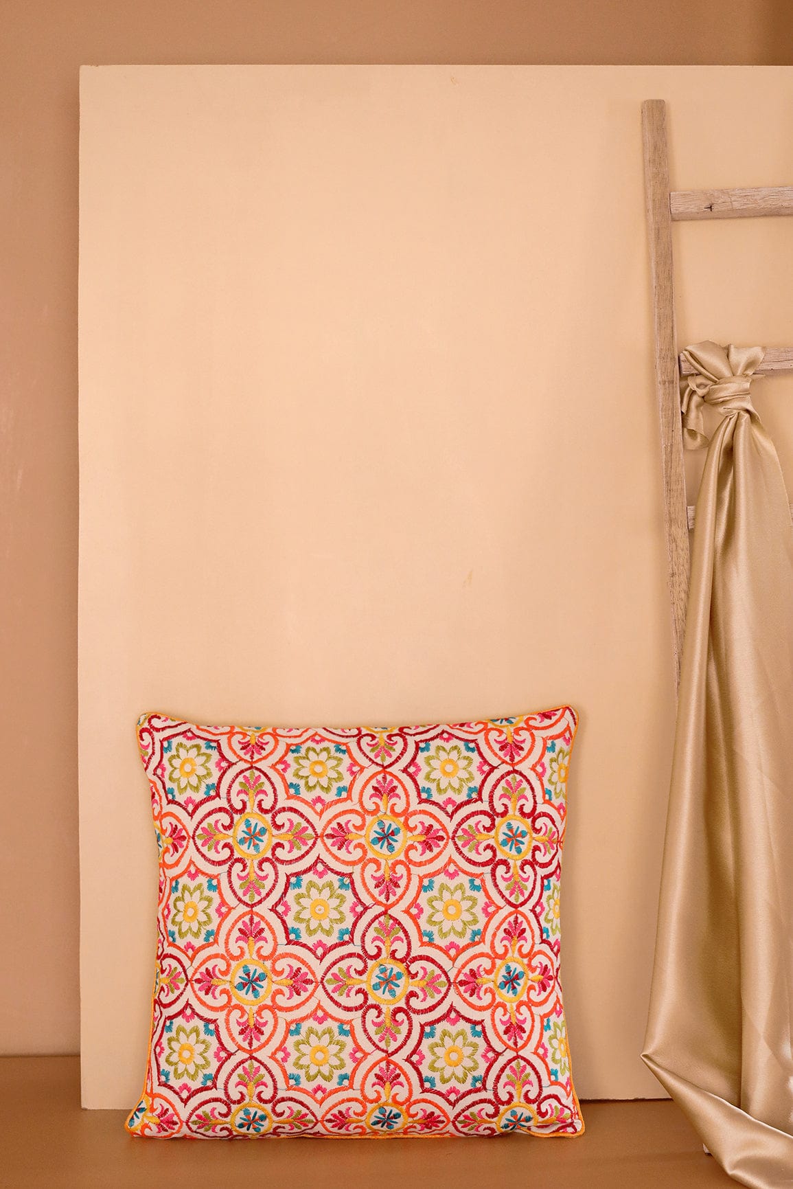 Multi Coloured Embroidery on off white cotton Cushion Cover (16*16 inches) - doeraa