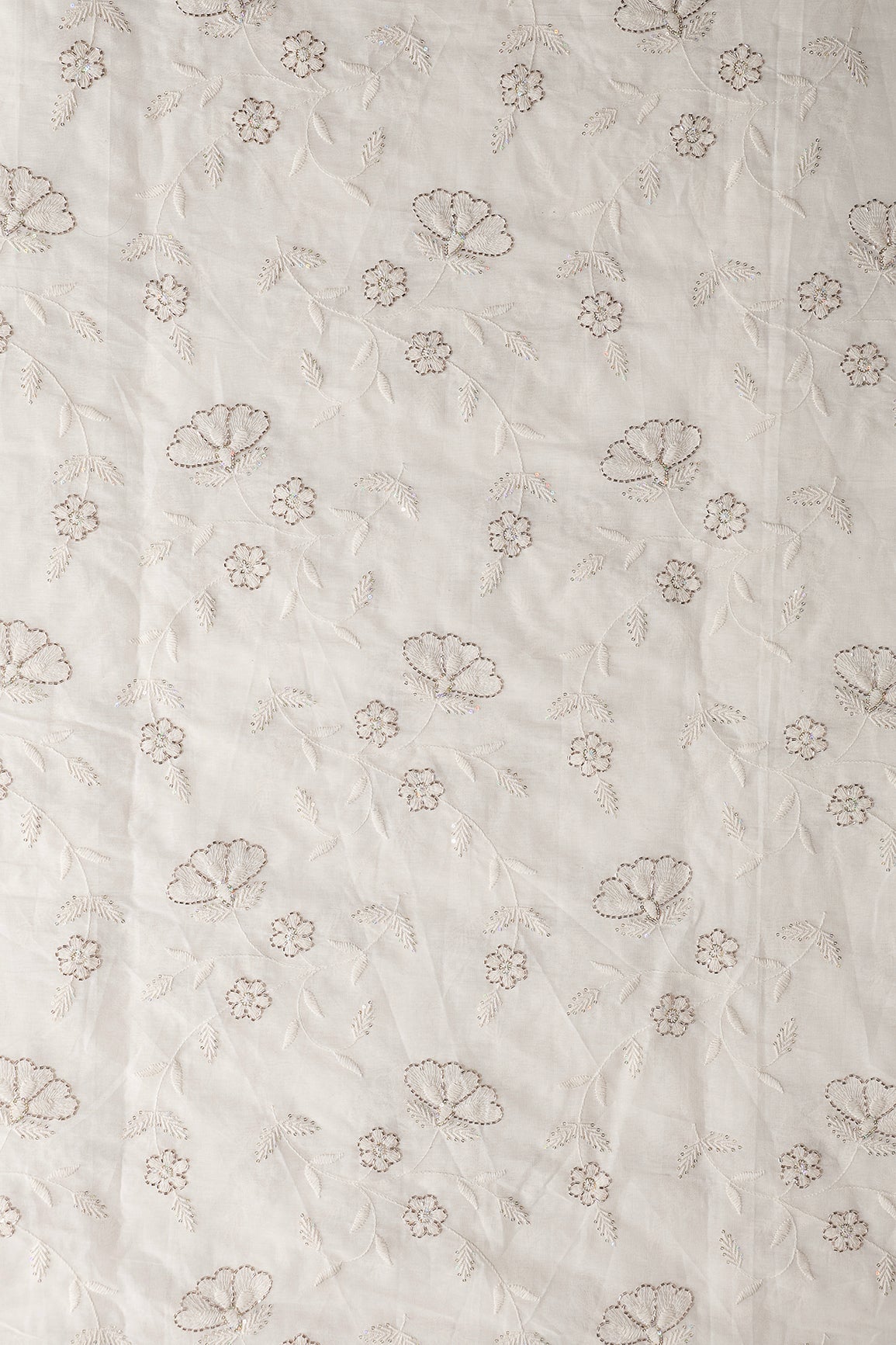 Multi Sequins & Beads With Thread Floral Leafy Embroidery Work On Off White Organic Cotton Fabric - doeraa