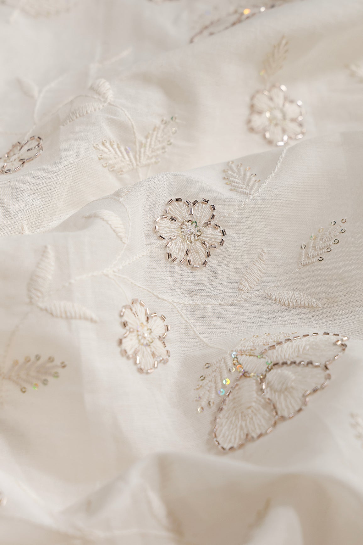 Multi Sequins & Beads With Thread Floral Leafy Embroidery Work On Off White Organic Cotton Fabric - doeraa
