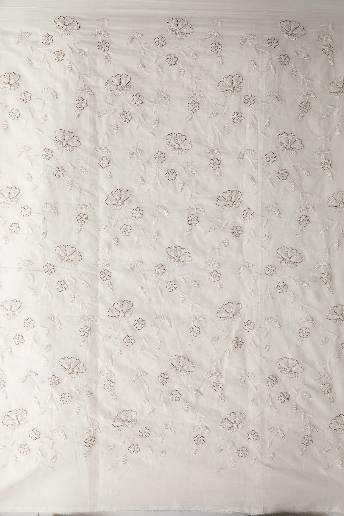 Multi Sequins & Beads With Thread Floral Leafy Embroidery Work On Off White Organic Cotton Fabric - doeraa