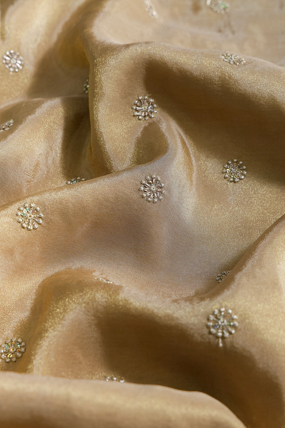 Multi Sequins & Beads With Zari Floral Butti Embroidery Work On Beige Viscose Zari Tissue Fabric - doeraa