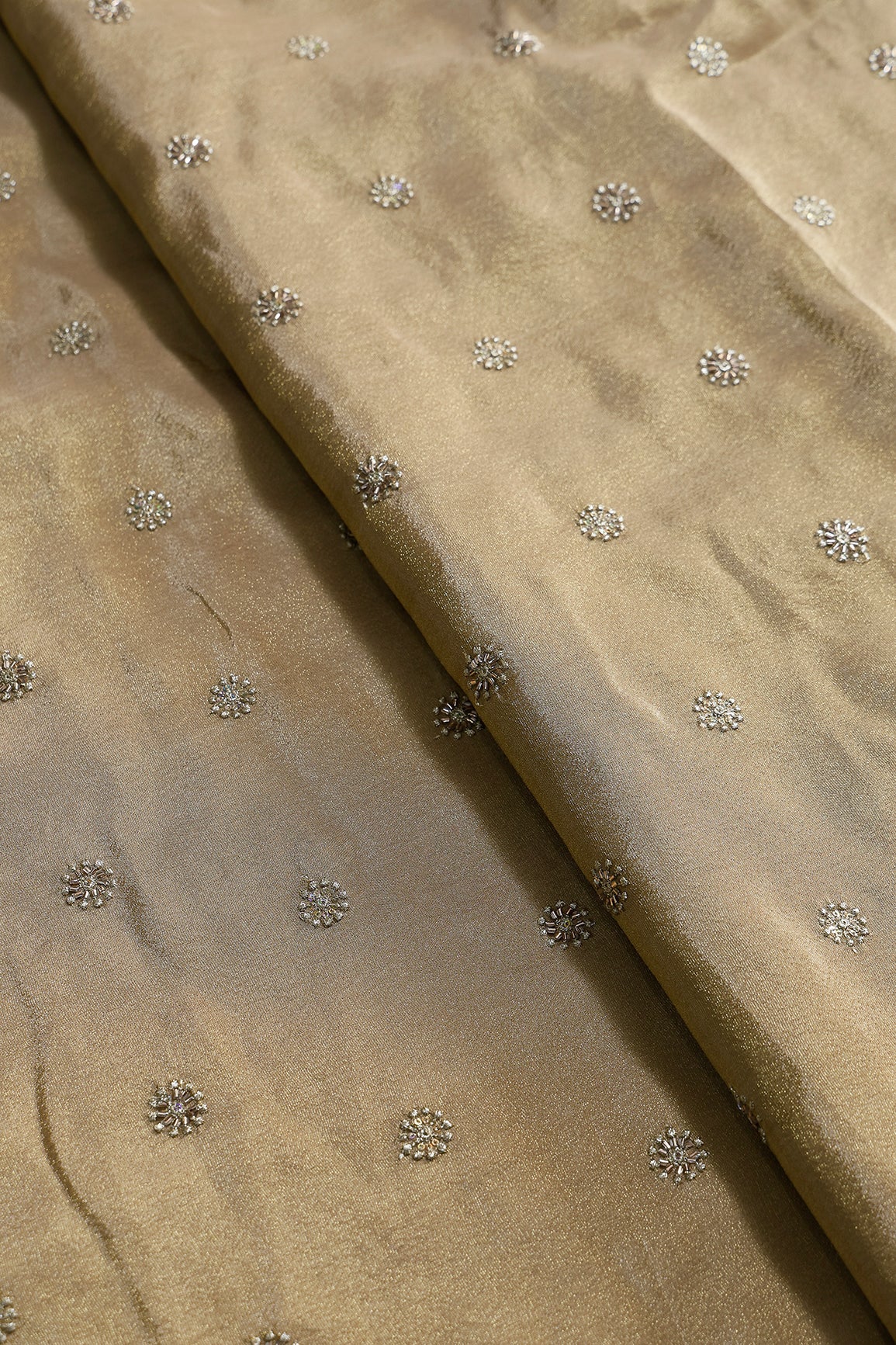 Multi Sequins & Beads With Zari Floral Butti Embroidery Work On Beige Viscose Zari Tissue Fabric - doeraa