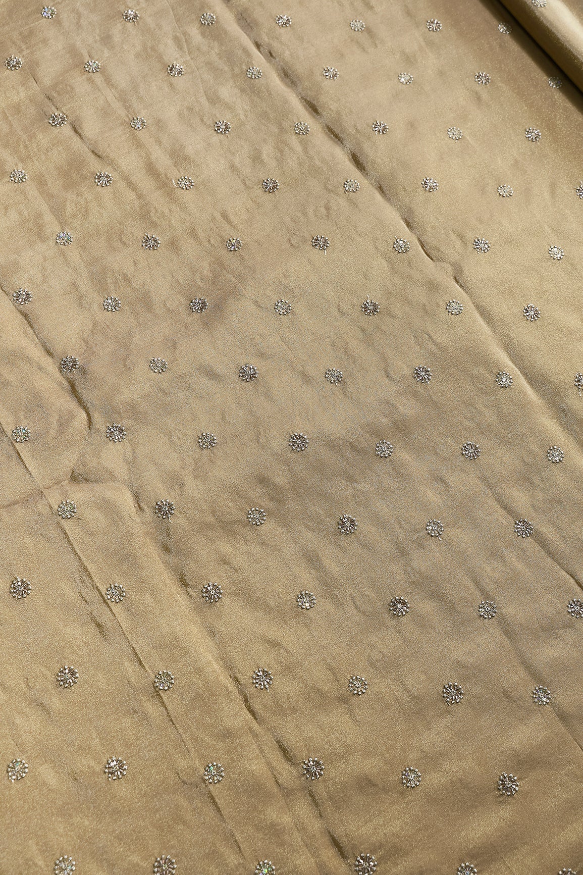 Multi Sequins & Beads With Zari Floral Butti Embroidery Work On Beige Viscose Zari Tissue Fabric - doeraa
