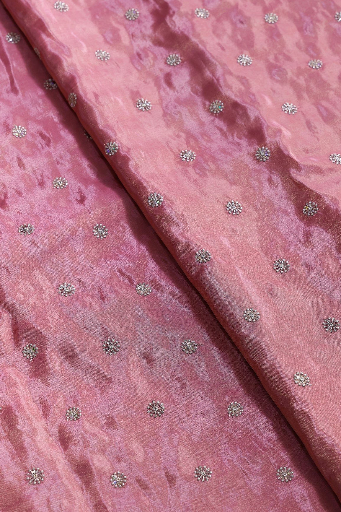 Multi Sequins & Beads With Zari Floral Butti Embroidery Work On Gajri Viscose Zari Tissue Fabric - doeraa