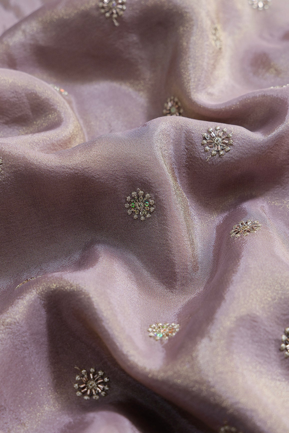 Multi Sequins & Beads With Zari Floral Butti Embroidery Work On Lavender Viscose Zari Tissue Fabric - doeraa
