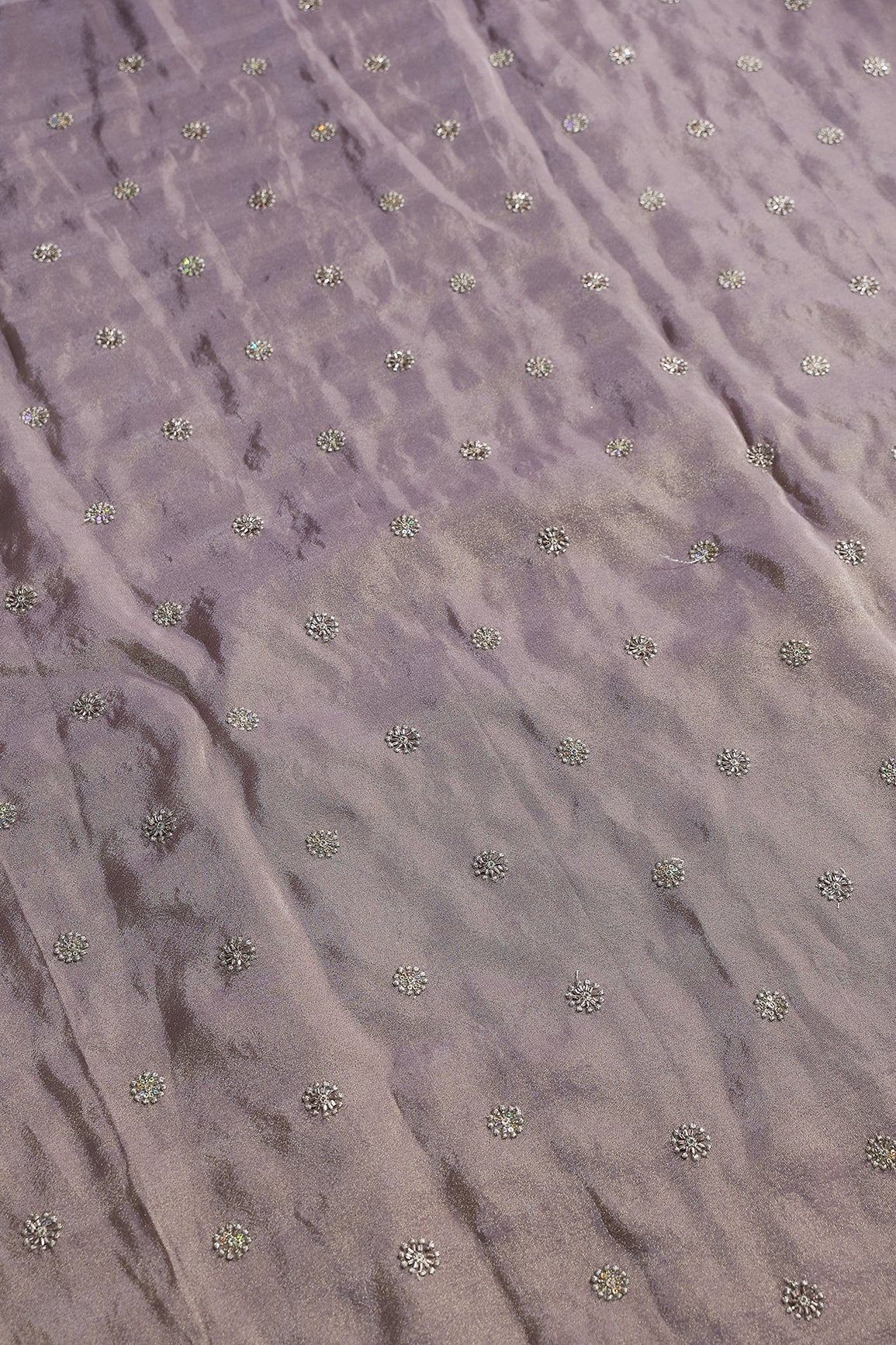 Multi Sequins & Beads With Zari Floral Butti Embroidery Work On Lavender Viscose Zari Tissue Fabric - doeraa