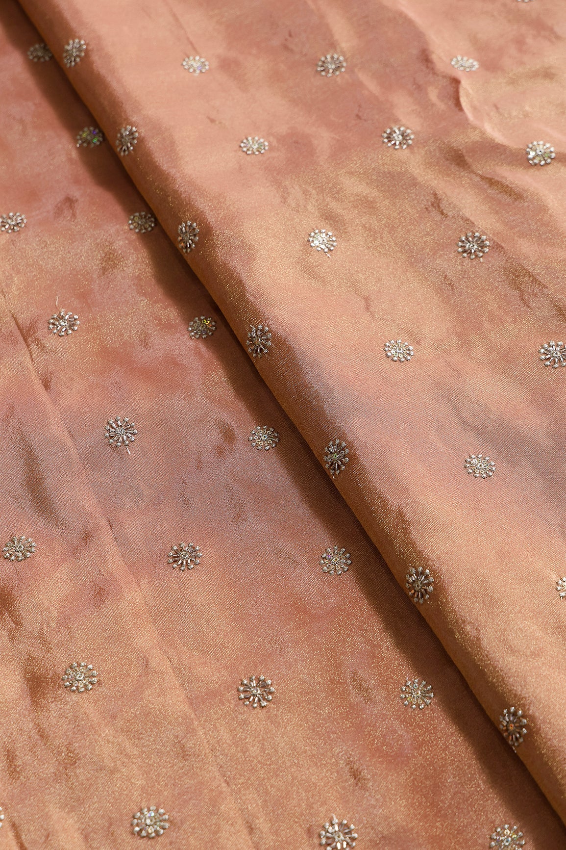 Multi Sequins & Beads With Zari Floral Butti Embroidery Work On Peach Viscose Zari Tissue Fabric - doeraa