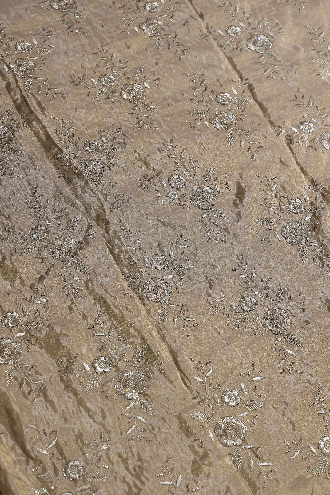 Multi Sequins & Beads With Zari Floral Embroidery Work On Beige Shiny Viscose Zari Tissue Fabric - doeraa