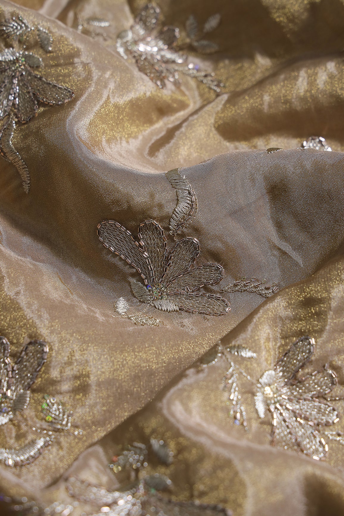 Multi Sequins & Beads With Zari Floral Embroidery Work On Beige Shiny Viscose Zari Tissue Fabric - doeraa