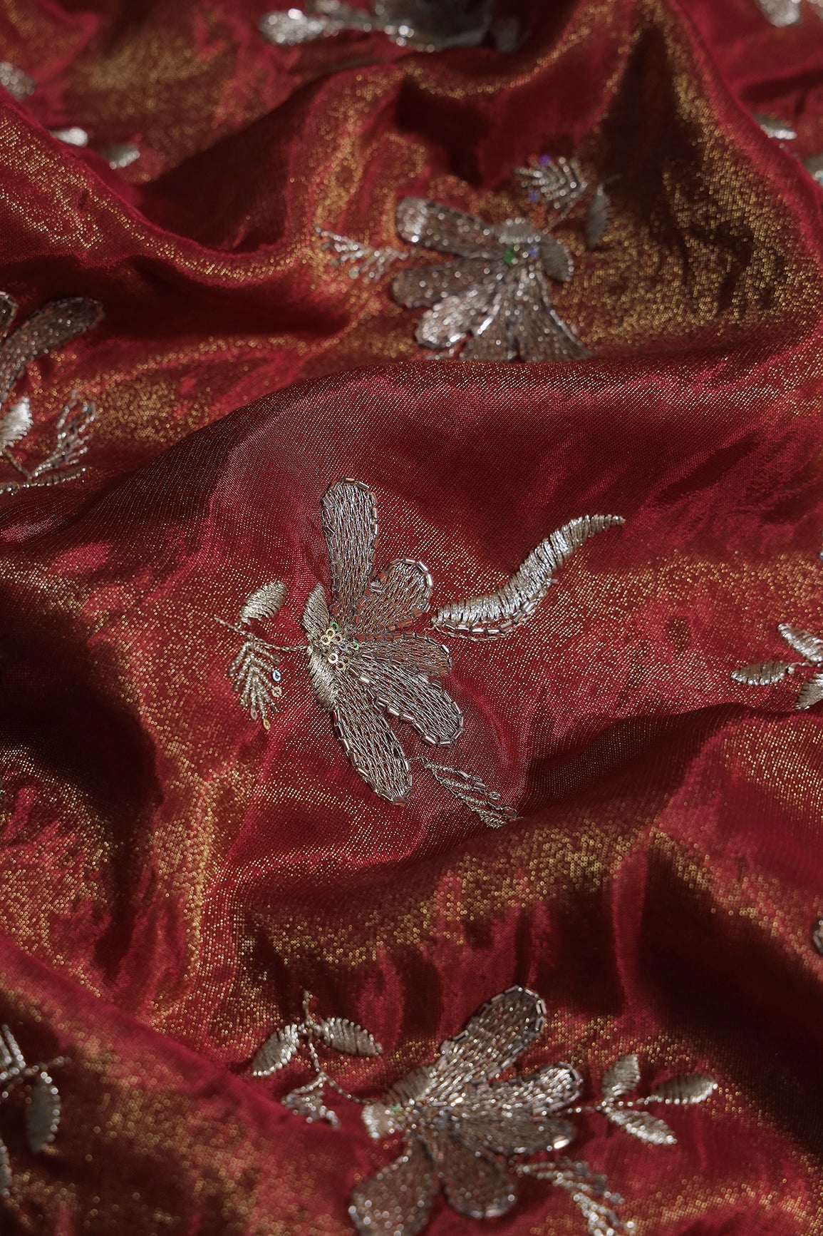 Multi Sequins & Beads With Zari Floral Embroidery Work On Cherry Red Shiny Viscose Zari Tissue Fabric - doeraa
