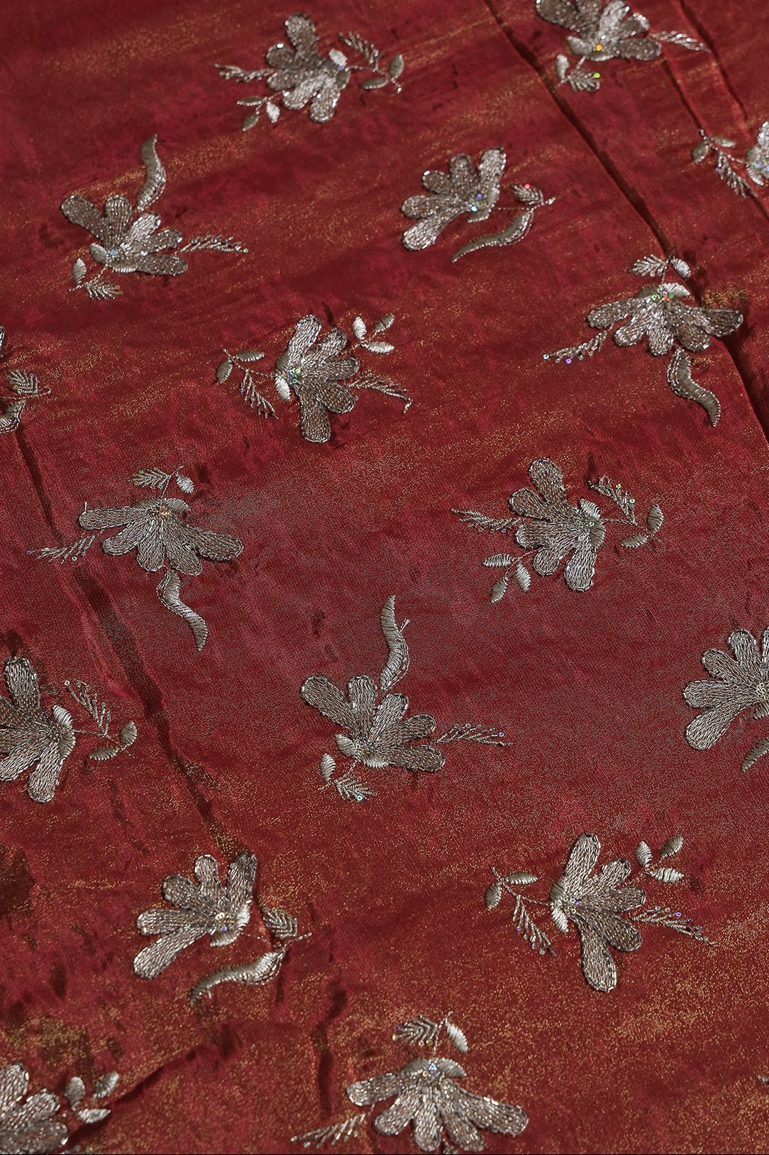 Multi Sequins & Beads With Zari Floral Embroidery Work On Cherry Red Shiny Viscose Zari Tissue Fabric - doeraa