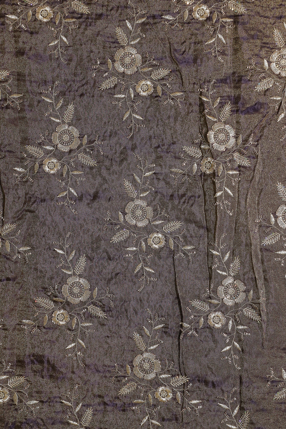 Multi Sequins & Beads With Zari Floral Embroidery Work On Dark Purple Shiny Viscose Zari Tissue Fabric - doeraa