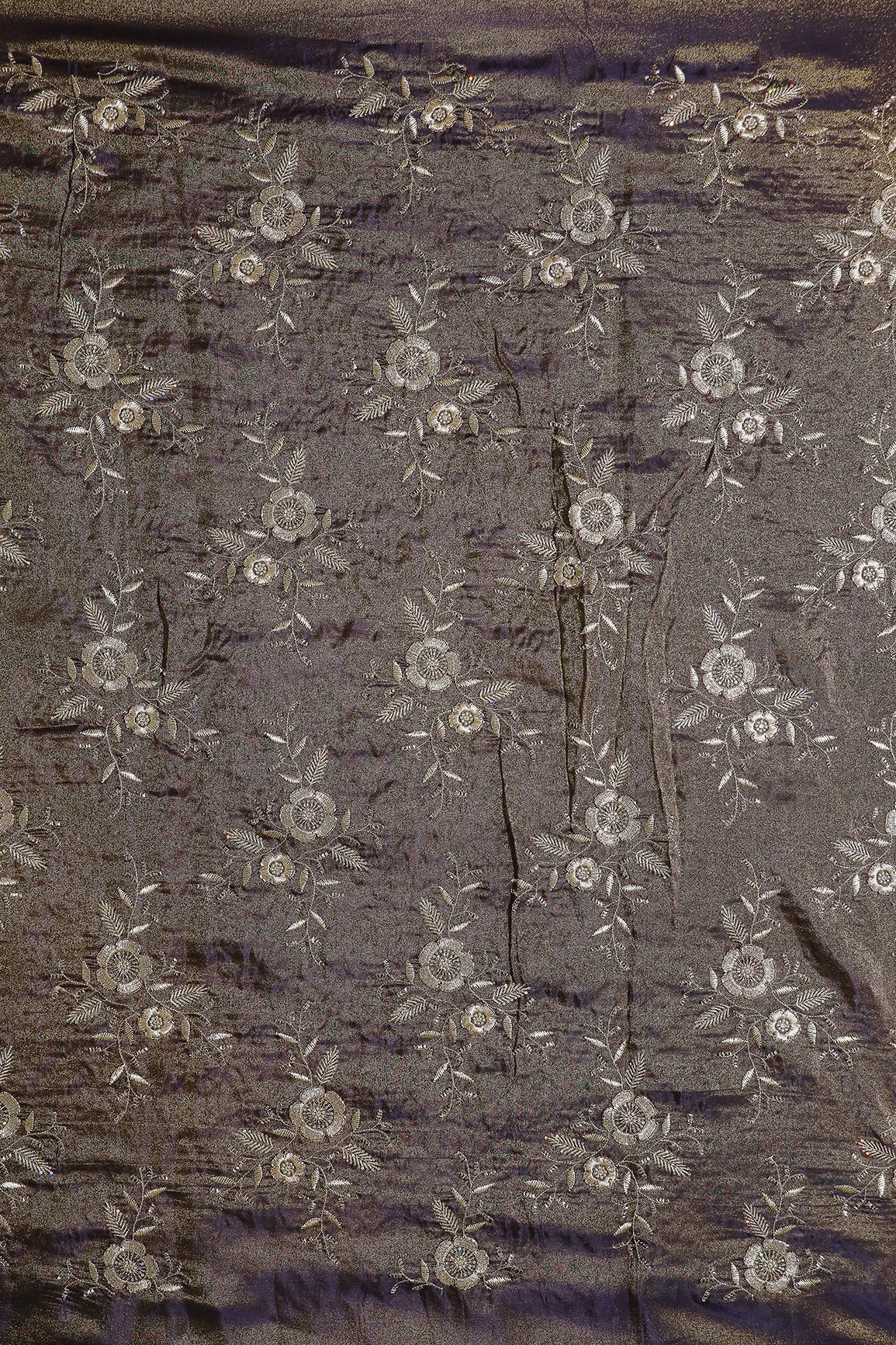 Multi Sequins & Beads With Zari Floral Embroidery Work On Dark Purple Shiny Viscose Zari Tissue Fabric - doeraa