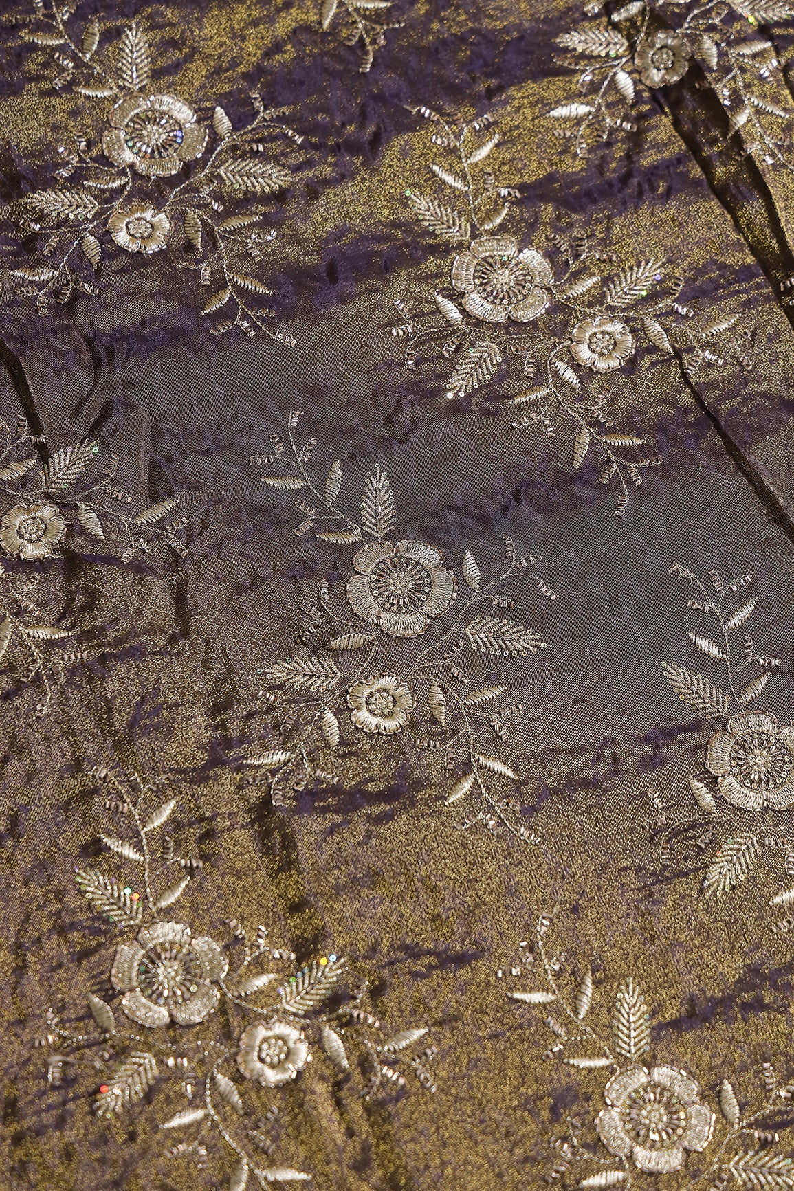 Multi Sequins & Beads With Zari Floral Embroidery Work On Dark Purple Shiny Viscose Zari Tissue Fabric - doeraa