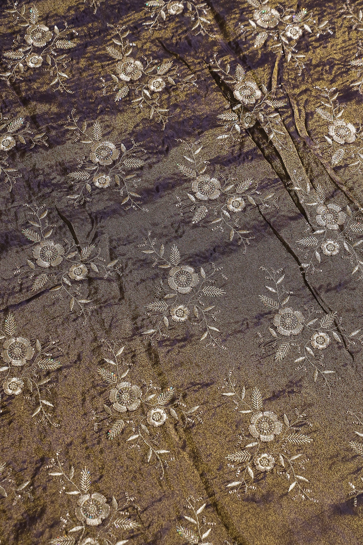 Multi Sequins & Beads With Zari Floral Embroidery Work On Dark Purple Shiny Viscose Zari Tissue Fabric - doeraa