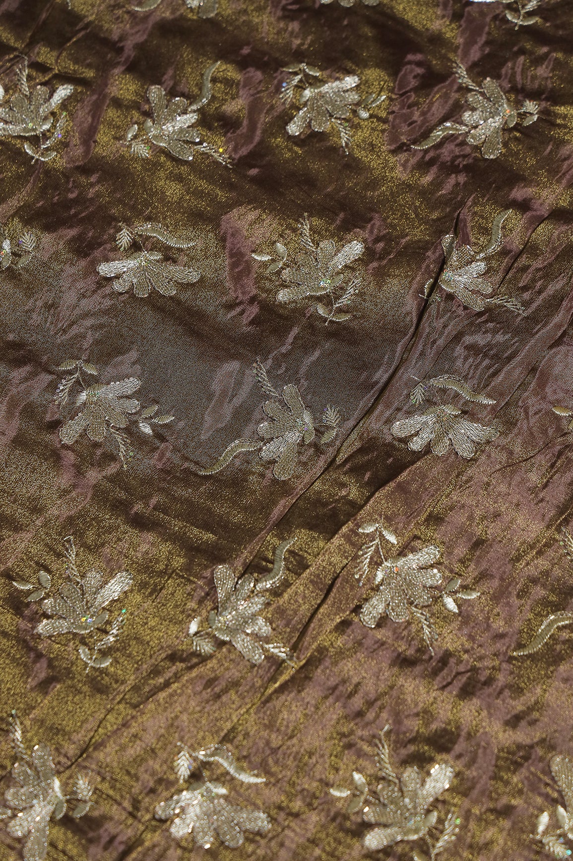 Multi Sequins & Beads With Zari Floral Embroidery Work On Mocha Mousse Shiny Viscose Zari Tissue Fabric - doeraa