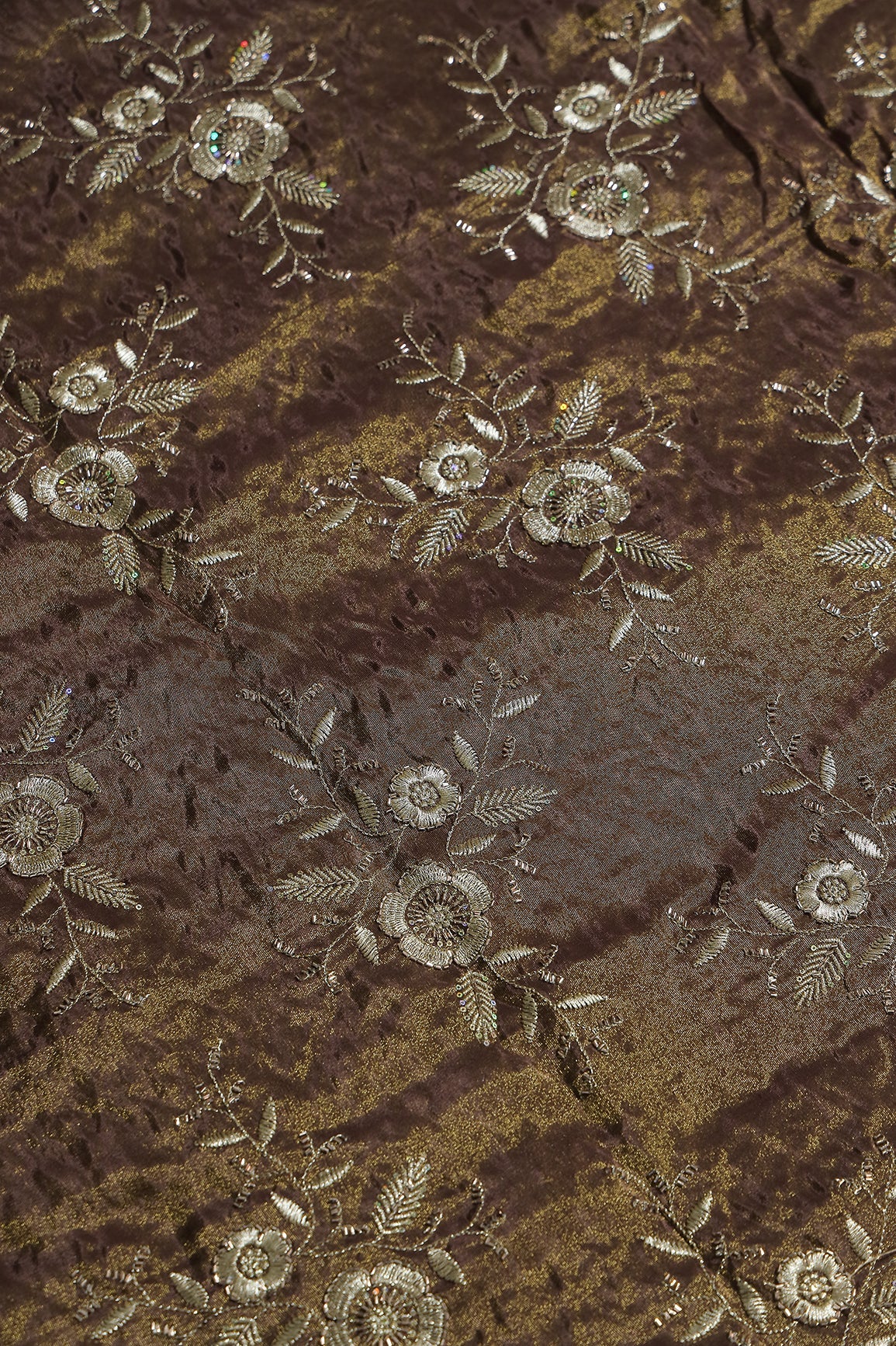 Multi Sequins & Beads With Zari Floral Embroidery Work On Mocha Mousse Shiny Viscose Zari Tissue Fabric - doeraa