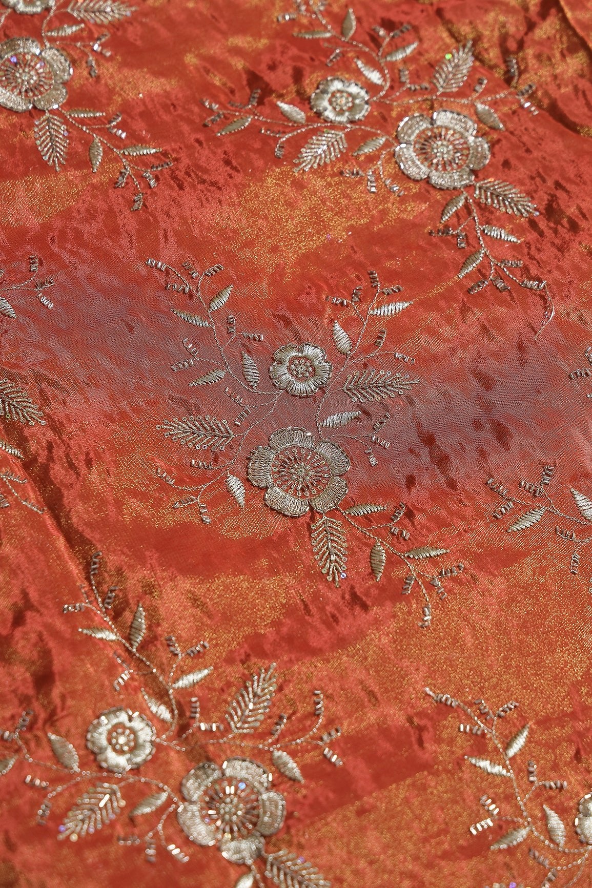 Multi Sequins & Beads With Zari Floral Embroidery Work On Rust Shiny Viscose Zari Tissue Fabric - doeraa