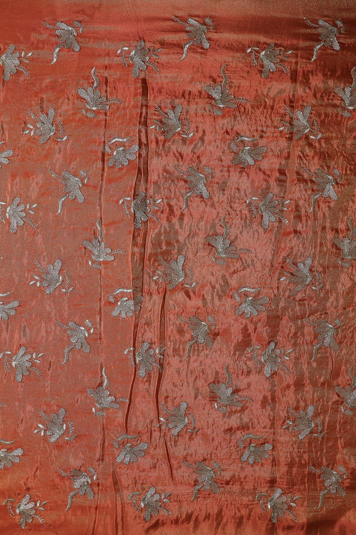 Multi Sequins & Beads With Zari Floral Embroidery Work On Rust Shiny Viscose Zari Tissue Fabric - doeraa