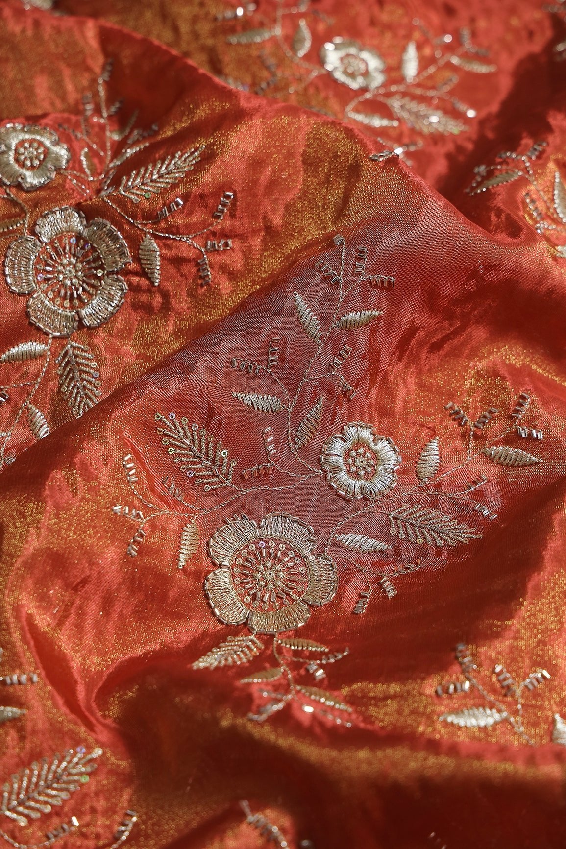Multi Sequins & Beads With Zari Floral Embroidery Work On Rust Shiny Viscose Zari Tissue Fabric - doeraa