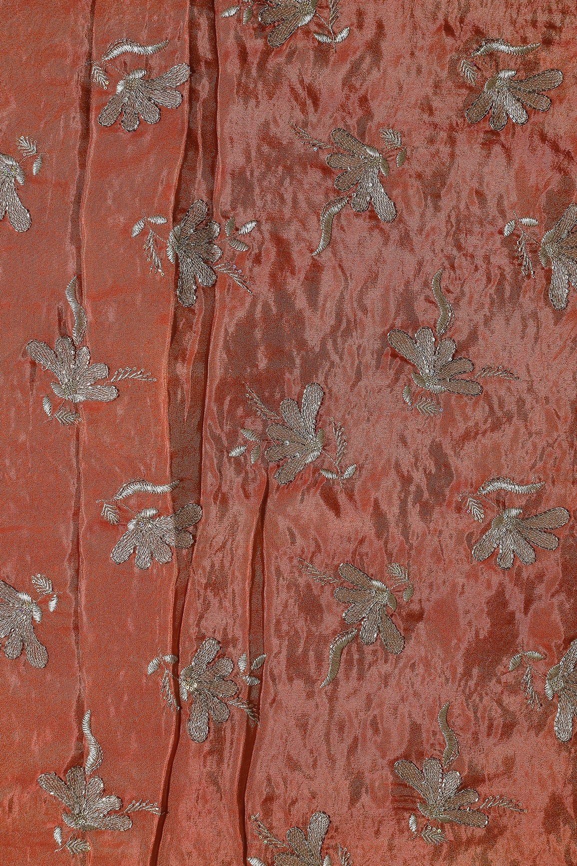 Multi Sequins & Beads With Zari Floral Embroidery Work On Rust Shiny Viscose Zari Tissue Fabric - doeraa