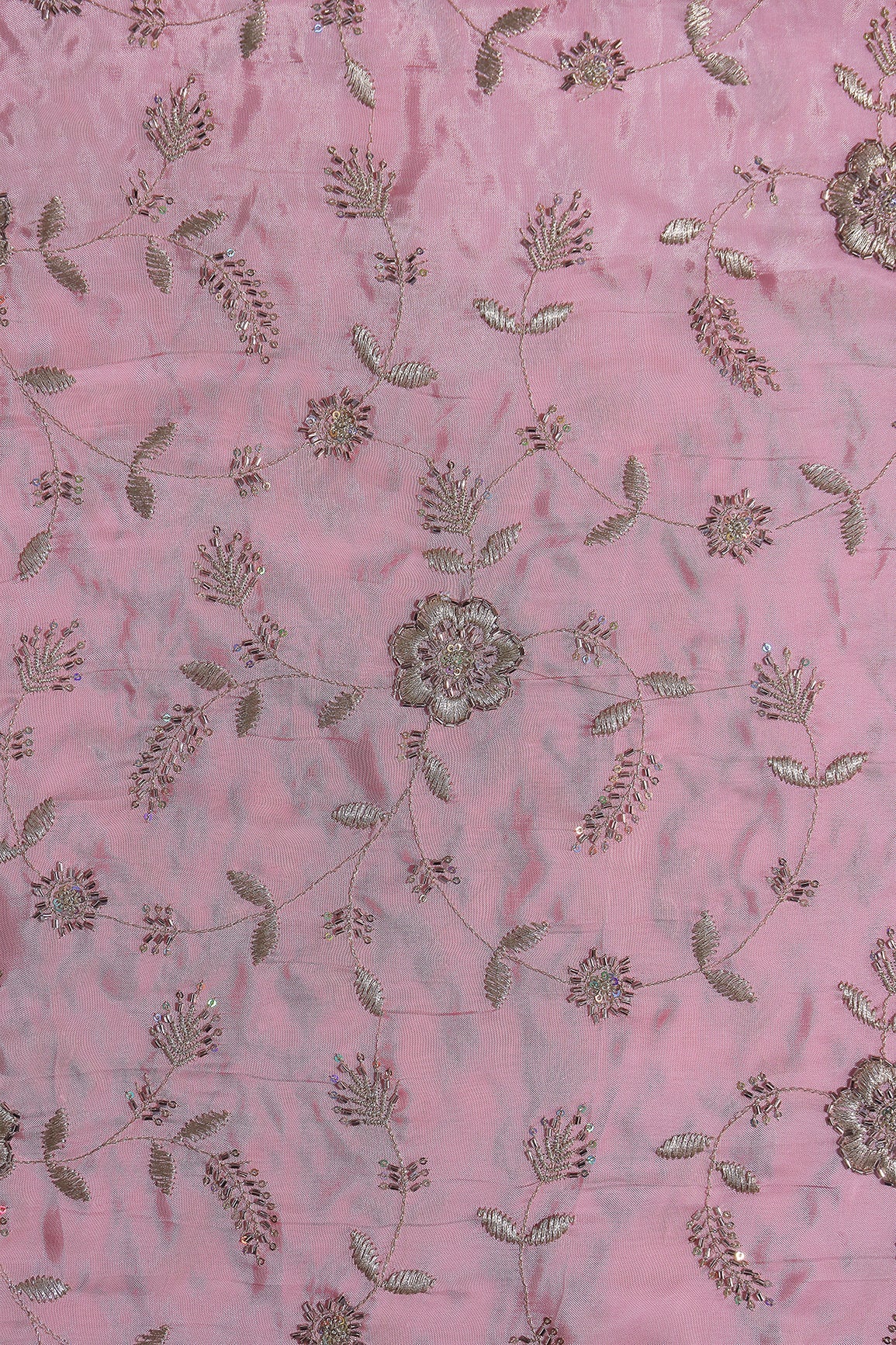 Multi Sequins & Beads With Zari Floral Leafy Embroidery Work On Baby Pink Pure Glass Tissue Organza Fabric - doeraa