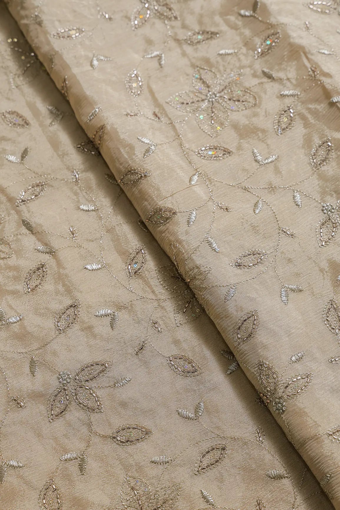 Multi Sequins & Beads With Zari Floral Leafy Embroidery Work On Beige Chinnon Chiffon Fabric - doeraa