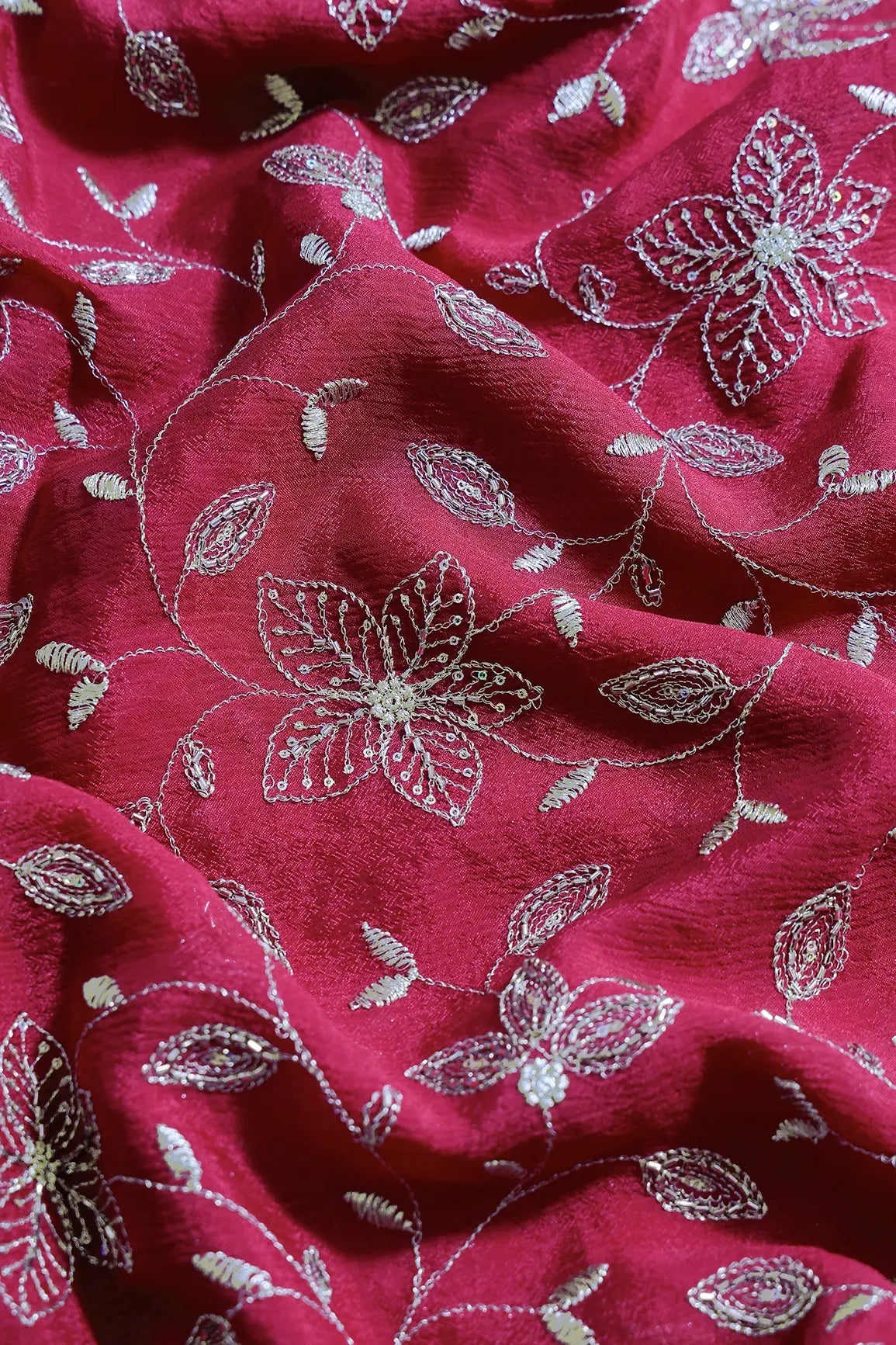 Multi Sequins & Beads With Zari Floral Leafy Embroidery Work On Cherry Red Chinnon Chiffon Fabric - doeraa
