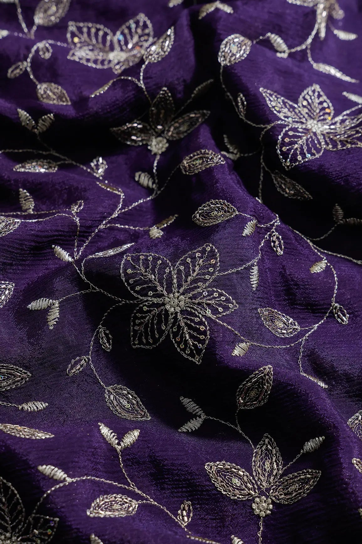 Multi Sequins & Beads With Zari Floral Leafy Embroidery Work On Dark Purple Chinnon Chiffon Fabric - doeraa