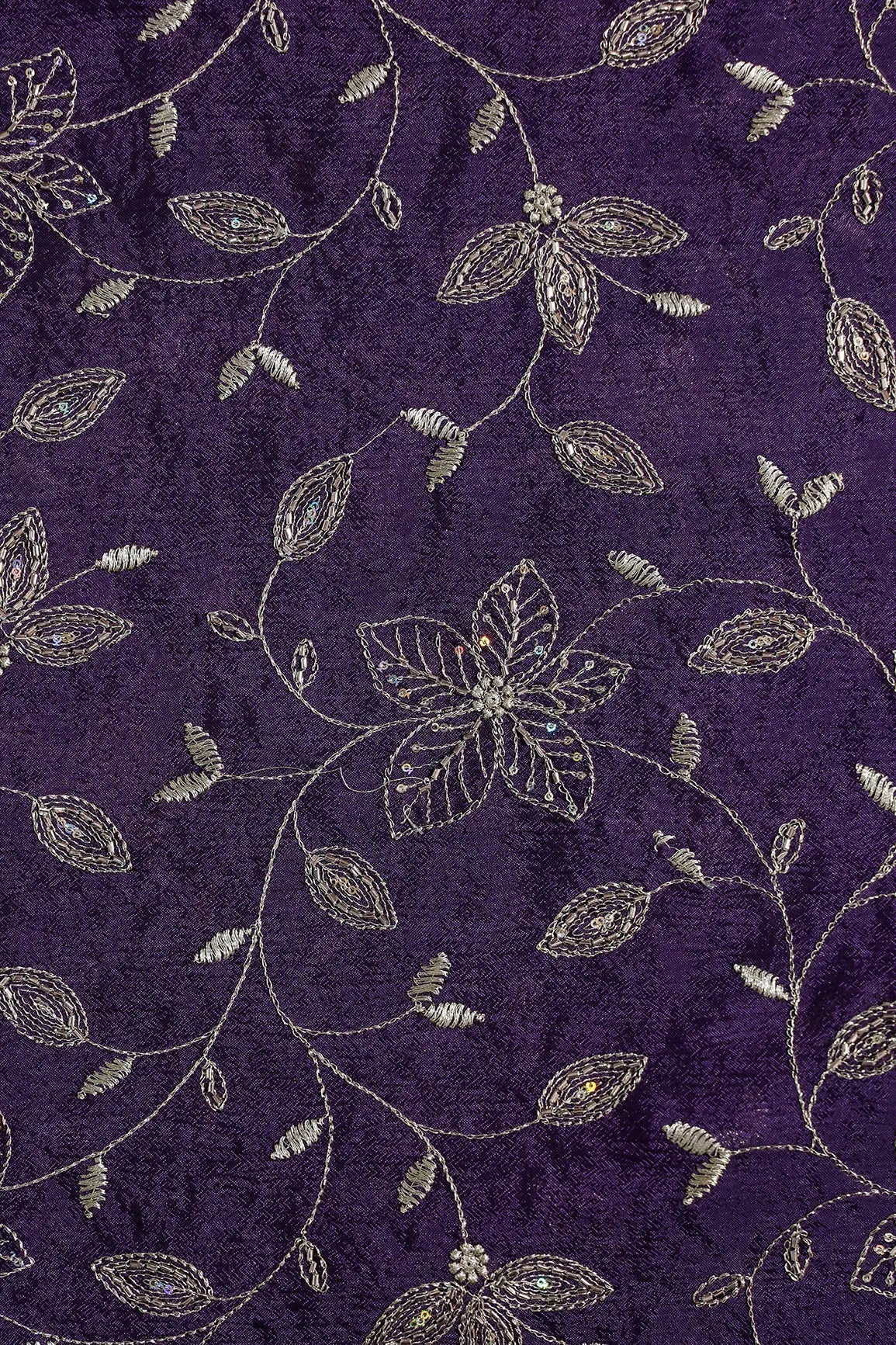 Multi Sequins & Beads With Zari Floral Leafy Embroidery Work On Dark Purple Chinnon Chiffon Fabric - doeraa