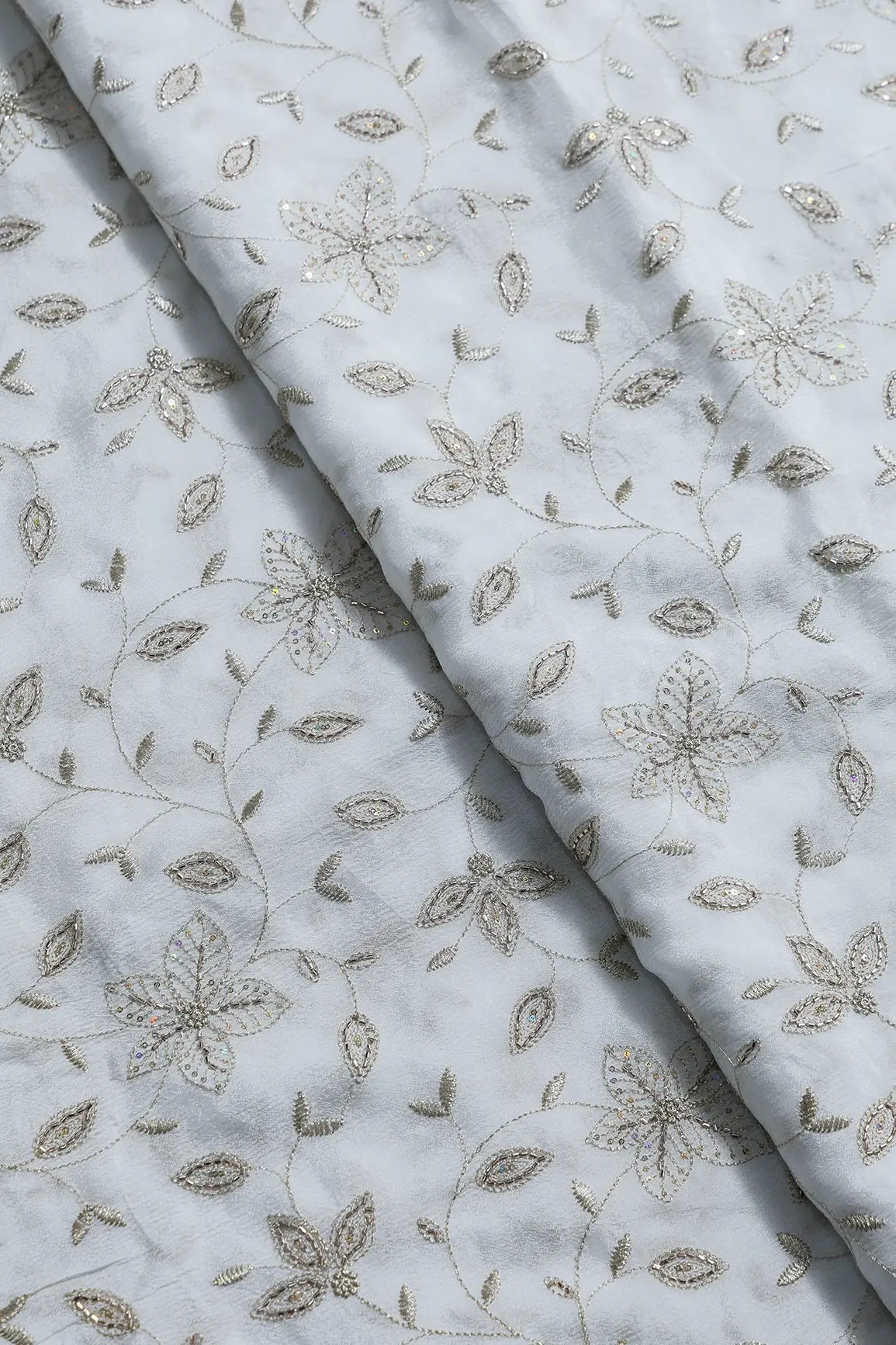 Multi Sequins & Beads With Zari Floral Leafy Embroidery Work On Dyeable White Chinnon Chiffon Fabric - doeraa