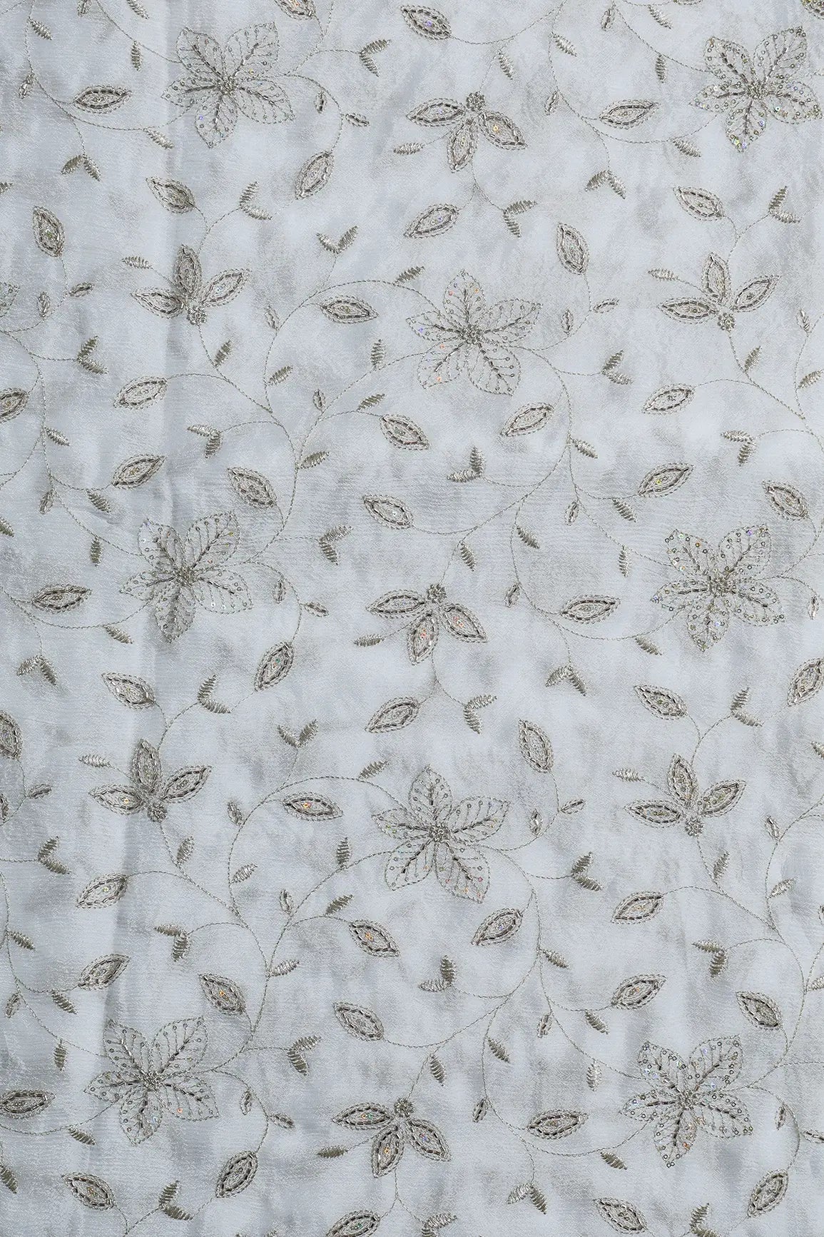Multi Sequins & Beads With Zari Floral Leafy Embroidery Work On Dyeable White Chinnon Chiffon Fabric - doeraa