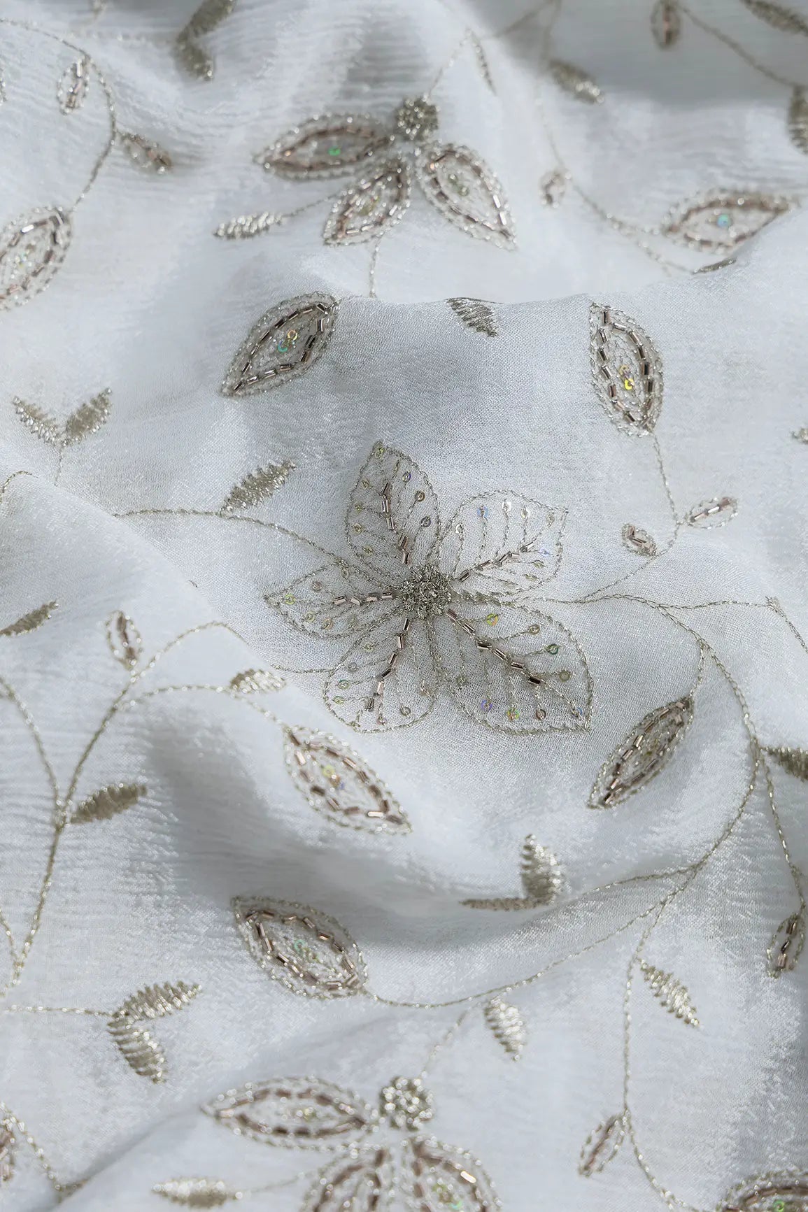 Multi Sequins & Beads With Zari Floral Leafy Embroidery Work On Dyeable White Chinnon Chiffon Fabric - doeraa