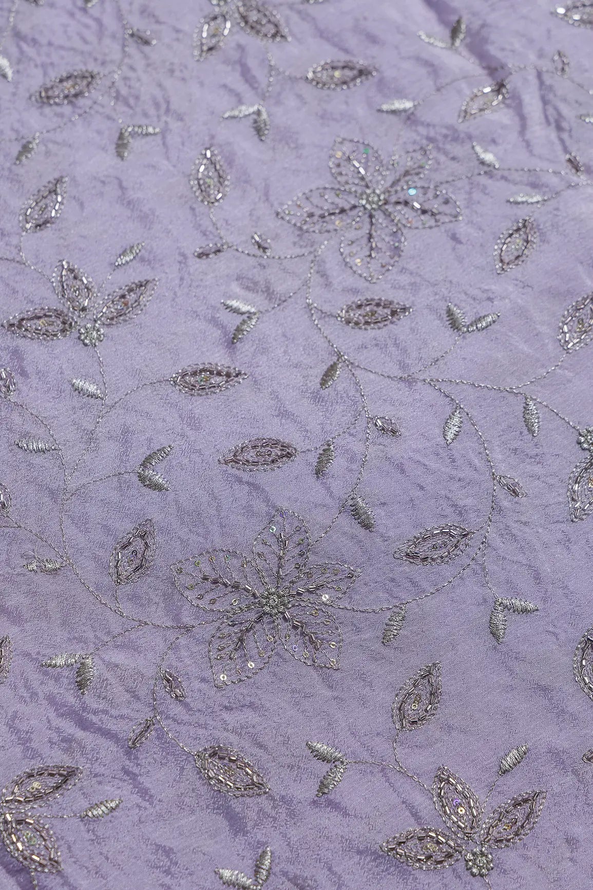 Multi Sequins & Beads With Zari Floral Leafy Embroidery Work On Lavender Chinnon Chiffon Fabric - doeraa