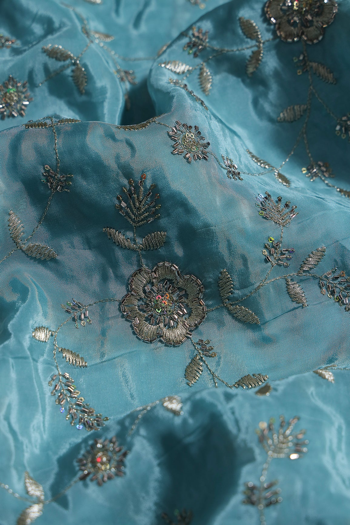 Multi Sequins & Beads With Zari Floral Leafy Embroidery Work On Light Blue Pure Glass Tissue Organza Fabric - doeraa