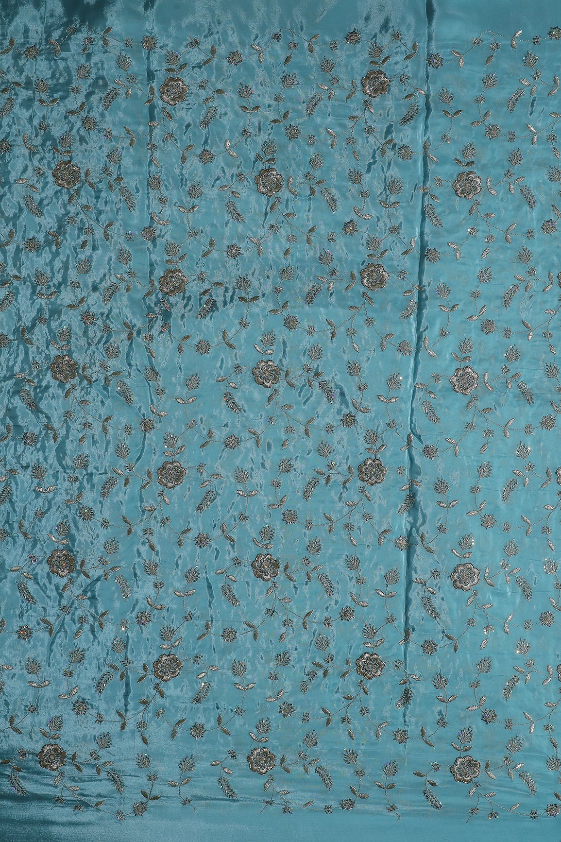 Multi Sequins & Beads With Zari Floral Leafy Embroidery Work On Light Blue Pure Glass Tissue Organza Fabric - doeraa