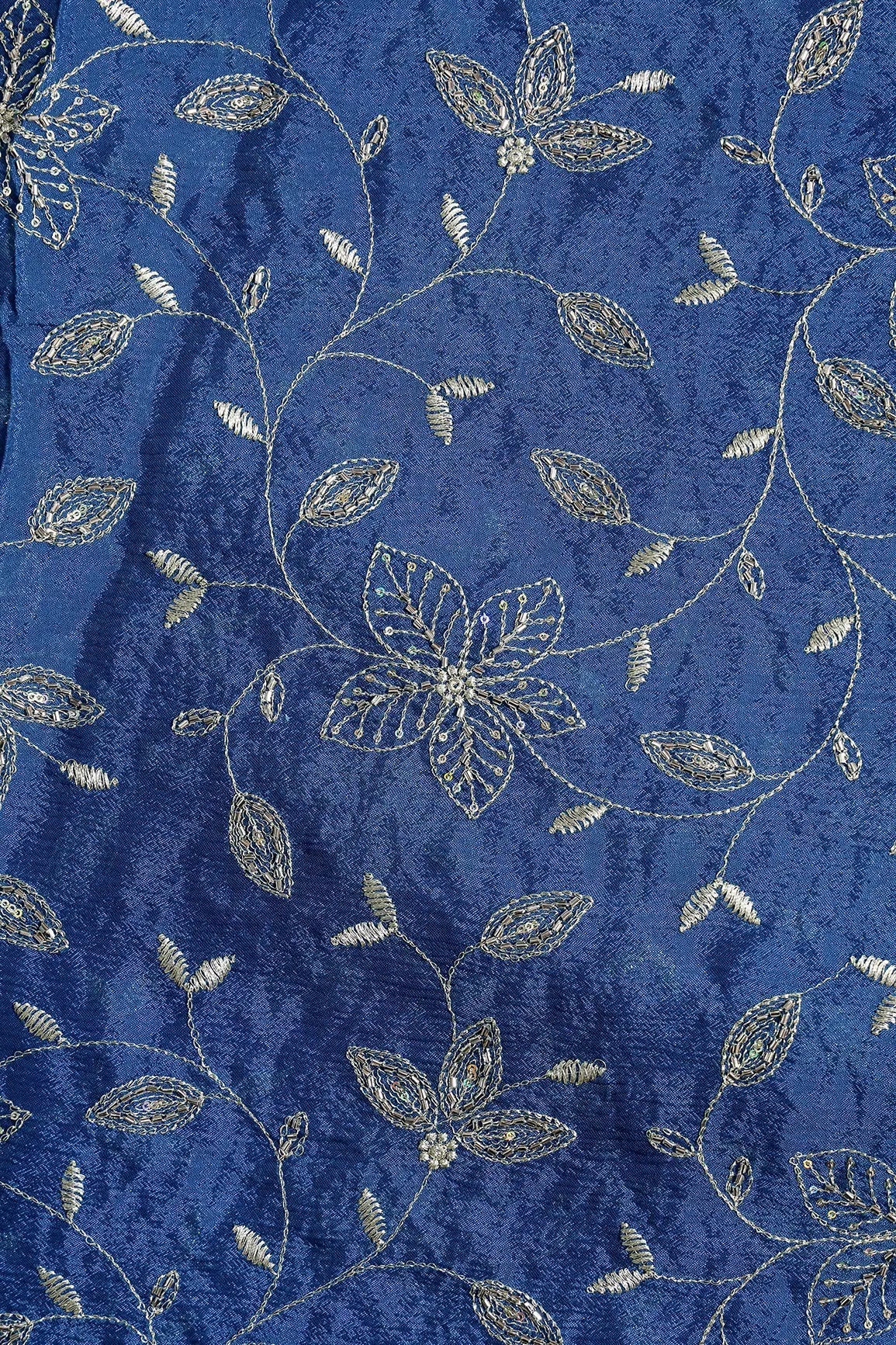 Multi Sequins & Beads With Zari Floral Leafy Embroidery Work On Prussian Blue Chinnon Chiffon Fabric - doeraa