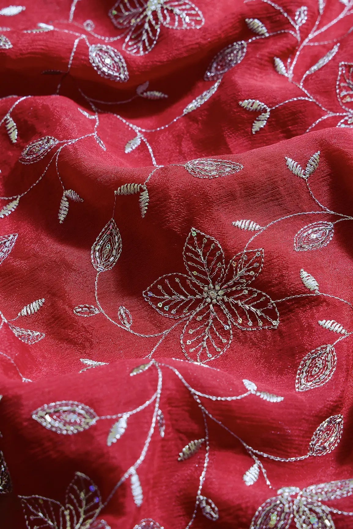 Multi Sequins & Beads With Zari Floral Leafy Embroidery Work On Red Chinnon Chiffon Fabric - doeraa