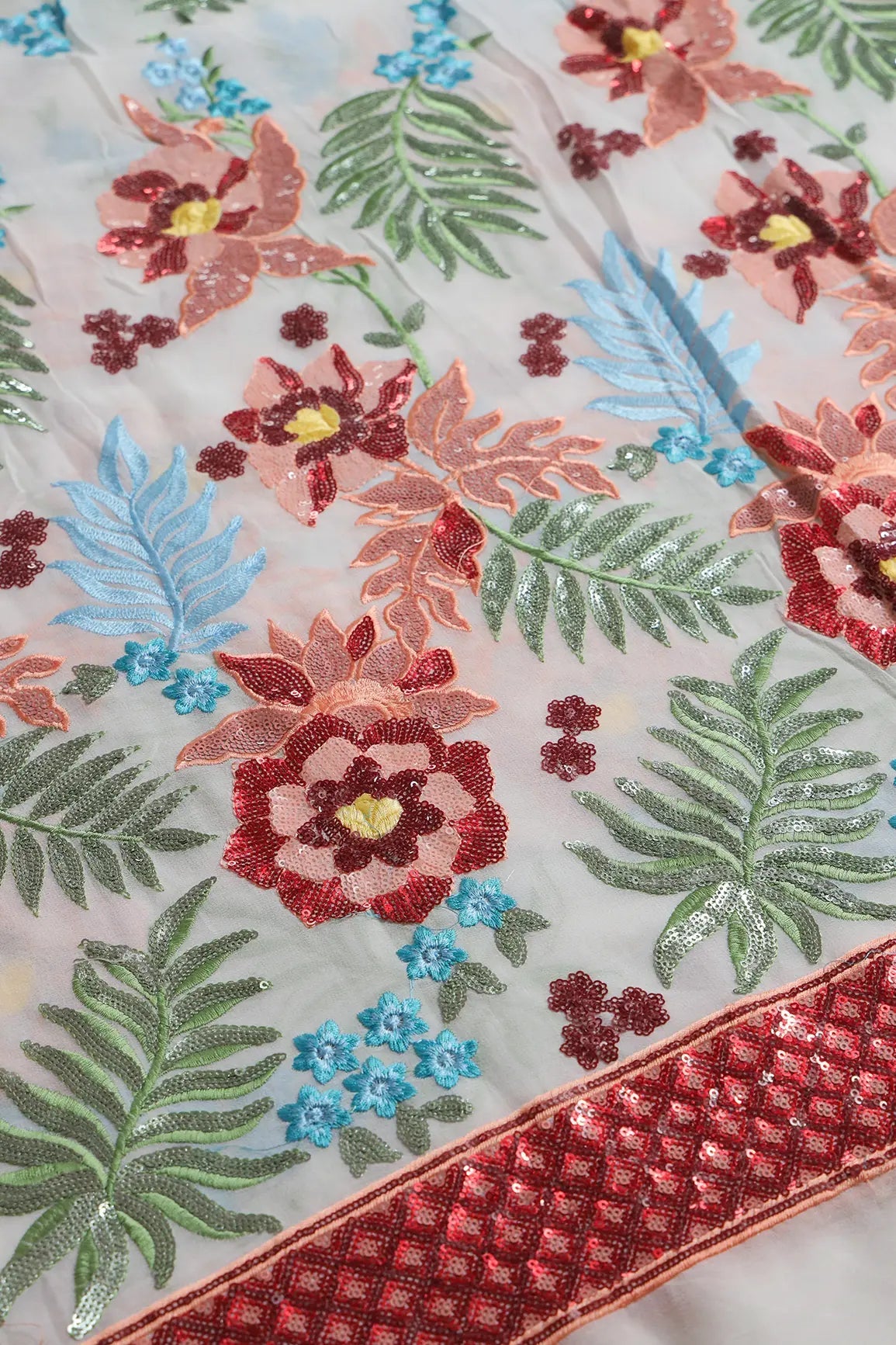 Multi Sequins With Multi Thread Floral Embroidery On Dyeable White Viscose Georgette Fabric With Border - doeraa